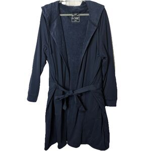 DUDE ROBE Mens L/XL Navy Blue Hood Cotton Terry Cloth Lined Belted Pockets